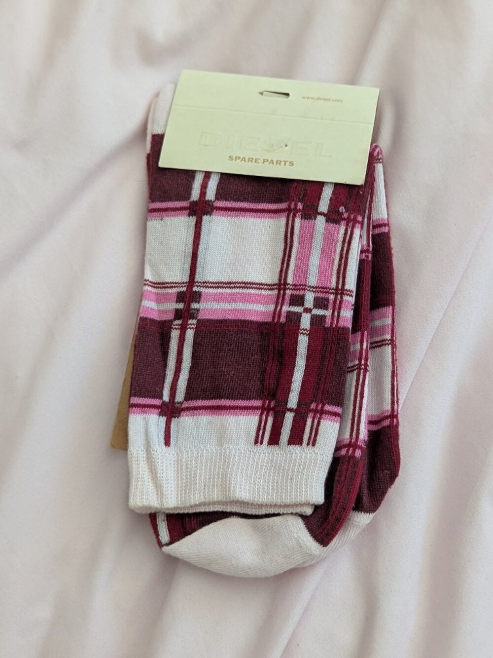NWT Diesel Burgundy Pink Plaid Italy Socks Sz 3